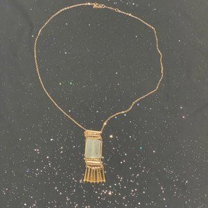 Long Gold Necklace with a Taupe and Gold Pendant